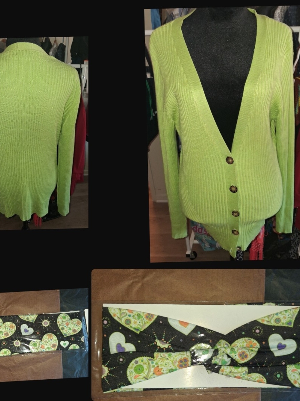 Ribbed V-Neck Button-Front Lime Green Cardigan Styled With A Cute FREE Headband.